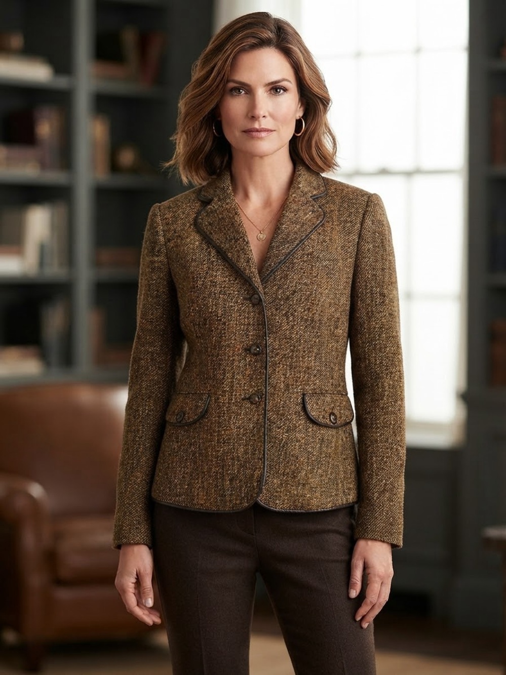 VINTAGE Talbots Tailored Brown Tweed Piped Blazer Jacket